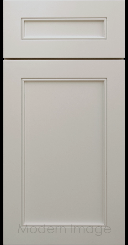 Highland Gray painted Shaker kitchen cabinet door with wide rails and a flat center panel.